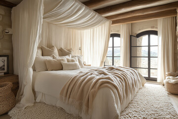 Canopy bed with white bedding on a white rug in a bedroom.