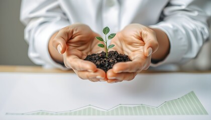 Hands holding a small plant growing out of soil, symbolizing growth and sustainability.