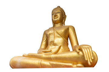 Golden statue of a Thai Buddhist god isolated on a white background, representing ancient Asian religion and spiritual travel