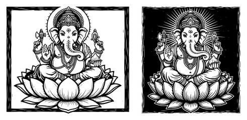 Fototapeta premium Ganesha lotus framed engraving icon set vector