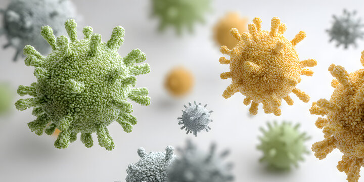 Microscopic World: A macro view, showcasing multiple different-colored viruses, creating a fascinating visual narrative of unseen forces and the ongoing battle against them.