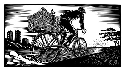 Bicycle courier carrying newspaper bundle woodcut