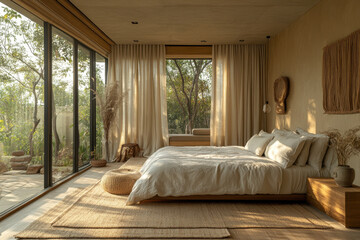 Large bed against window in bedroom.