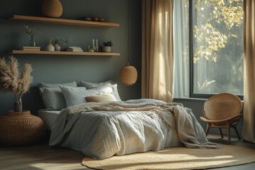 Empty bed with neatly folded blankets, a white chair, and shelves in a minimalistic bedroom setting.