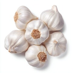 An overhead shot of a collection of fresh garlic bulbs, featuring textured skin and a neutral tones 