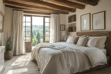Large bed in room with wooden ceiling.