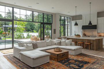 Large couch by a large window in living room.