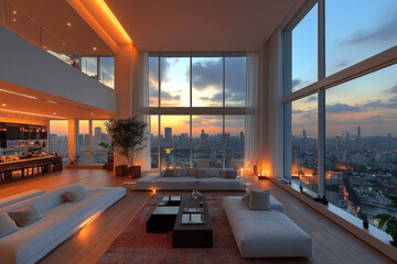 Cityscape visible through living room window.