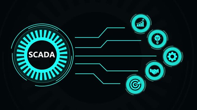 Futuristic scada interface concept with glowing blue digital technology on black background