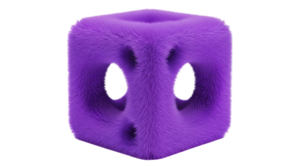 Cute Purple Fuzzy Cube Character with Eyes Isolated on Black Background Stock Photo