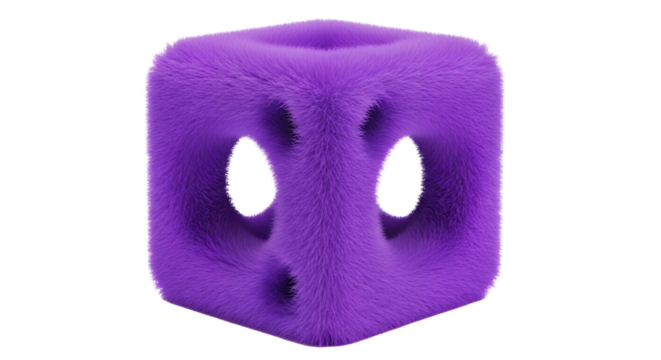 Cute Purple Fuzzy Cube Character with Eyes Isolated on Black Background Stock Photo