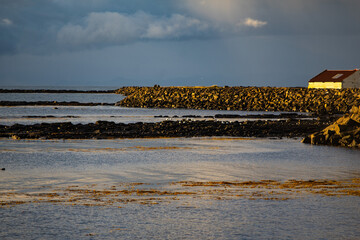 Rocky Breakwater and Small House on Icelandic Coast at Sunset