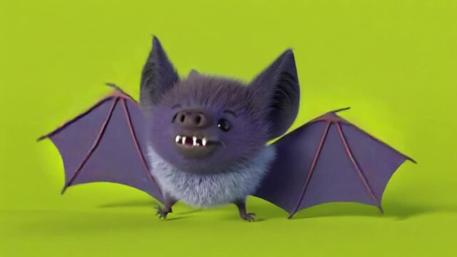 Cartoon bat with purple wings and gray fur flying on a green background in a studio setting green screen video