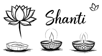 Hindu spiritual symbols with Shanti lettering hand drawn sketch set