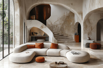 Large white couch by a big window.