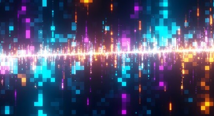 Abstract digital background with glowing pixels and a bright central light beam, representing data flow or technological energy.