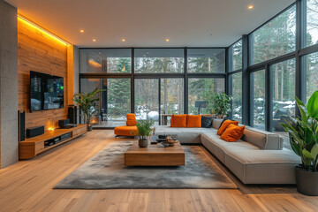 A cat playing with a toy mouse on a sunlit wood floor in a living room with large windows.