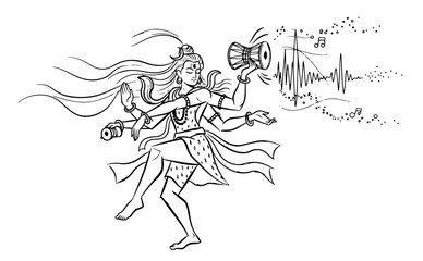 Lord Shiva as Nataraja in a cosmic dance with Damaru drum outline drawing