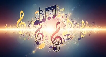 Artistic depiction of musical notes and symbols, radiating light and energy in a vibrant composition.