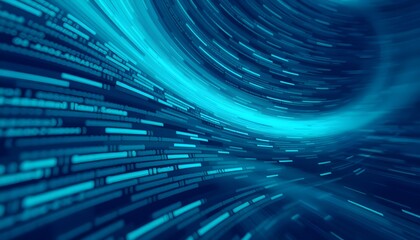 Abstract visualization of data streams flowing through a digital tunnel with a vibrant blue glow.