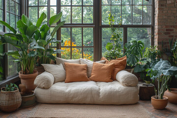 Couch with pillows and plants in room.