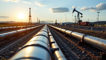Oil pipeline infrastructure development industrial landscape photography sunset environment wide-angle view