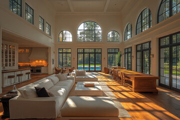 A dog lying comfortably on a large couch in a spacious living room.