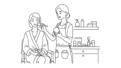 Artist applying makeup to a woman sitting in a chair in a beauty salon or studio setting