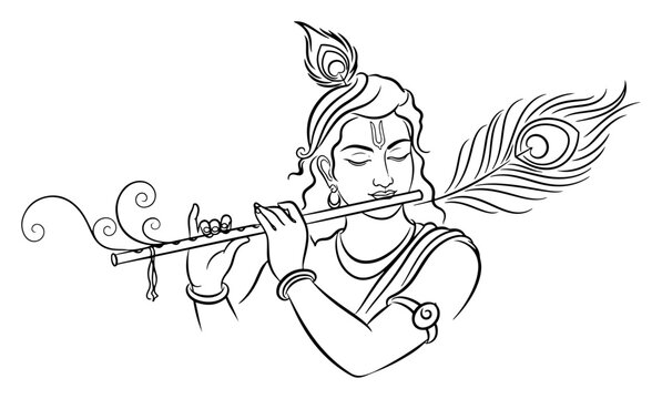 krishna playing flute black and white clip art preview