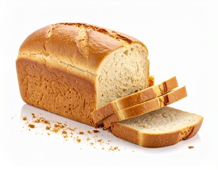 Sliced loaf of bread with golden crust and soft interior on white background with scattered crumbs.