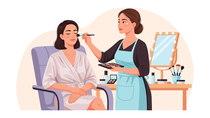 Professional makeup artist applying cosmetics to a client in a salon setting with mirror and brushes