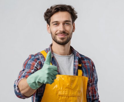 A cheerful man in a plaid shirt and yellow apron displays a thumbs-up gesture against a neutral background. - Powered by Adobe
