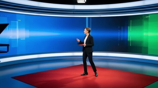 A female news anchor stands in a modern television studio with a blue and green screen background