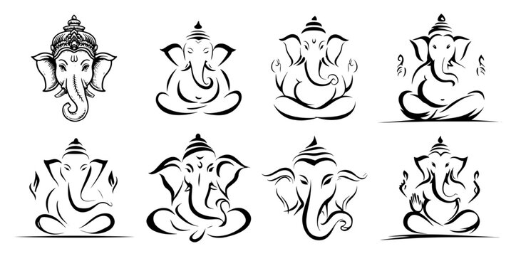 Lord Ganesha calligraphic line art icons collection set