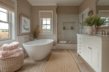 Fototapeta premium Large tub under a window in a bathroom.