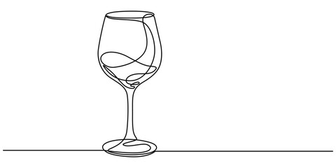 One line  Drawing or illustration of wine glass, Wine glasses outline, Continuous line icon, wine glass continuous one line drawing, pro vector minimalist style on white background, One line concept.