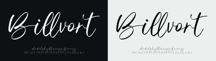 Billvort Script Elegant Signature Typeface. Lettering signature font isolated on background. brush style alphabet. Vector logo letters.
