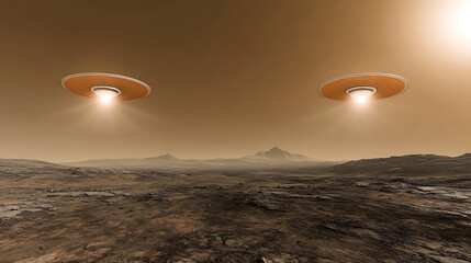 UFOs Hover Over a Desert Landscape Under an Orange Sky