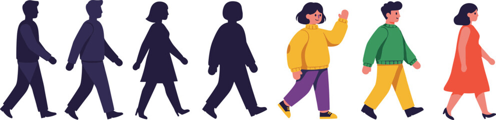Character evolution from silhouette to full-color illustration showing diversity, walking motion, and transformation in modern vector design style