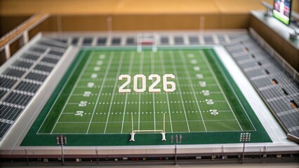 Fototapeta premium American Football Field 2026 Season - Miniature model of an American football field with the year 2026 prominently displayed. Perfect for sports, prediction, and future concepts