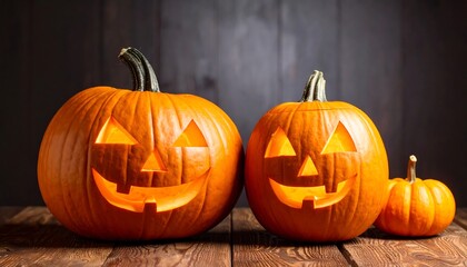 Two carved pumpkins, illuminated from inside, sit on a wooden table