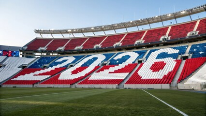 American Football Stadium Seats 2026 - Patriotism, competition, future, sports, American pride. A stadium showcasing the year 2026 in red, white, and blue seats