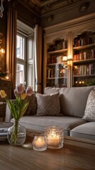A cozy living room with antique decor, showcasing a light-filled space, a plush sofa, and delicate candles on a wooden coffee table.