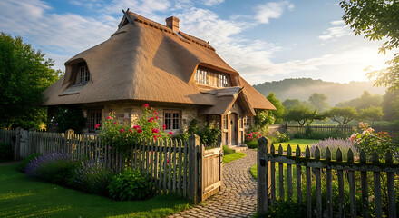 Charming ThatchedRoof Cottage with Stone Walls and Wooden Accents.