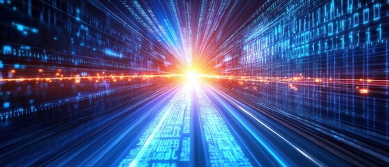 A vibrant, dynamic depiction of light and data streams, illustrating the concept of speed and digital connectivity through a burst of energy.
