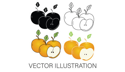 A Collection of Nashi Pears - Half-Cut and Whole Pieces, Isolated Vector Illustrations