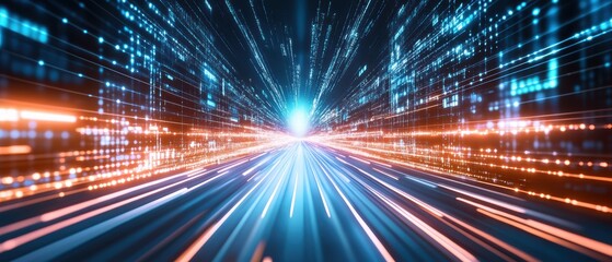 A dynamic, futuristic representation of light streaks and digital data, conveying speed and technology in a vibrant, abstract design.
