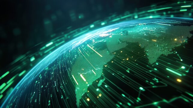 A digital representation of Earth with green light trails, symbolizing connectivity and technology in a modern, abstract style.