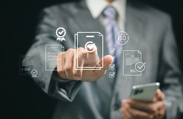 ISO standards quality control, assurance and warranty business technology concept. Touching on screen with ISO and globe icons on smart background. ISO Standard certification. Modern ISO banner.