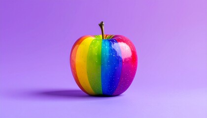 Digitally enhanced apple with iridescent cosmic colors and glossy surface on purple background.